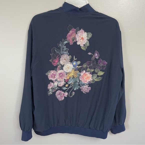World Market Bomber Jacket Floral Embroidered Dark Navy Zip Reversible Paisely - Picture 4 of 12